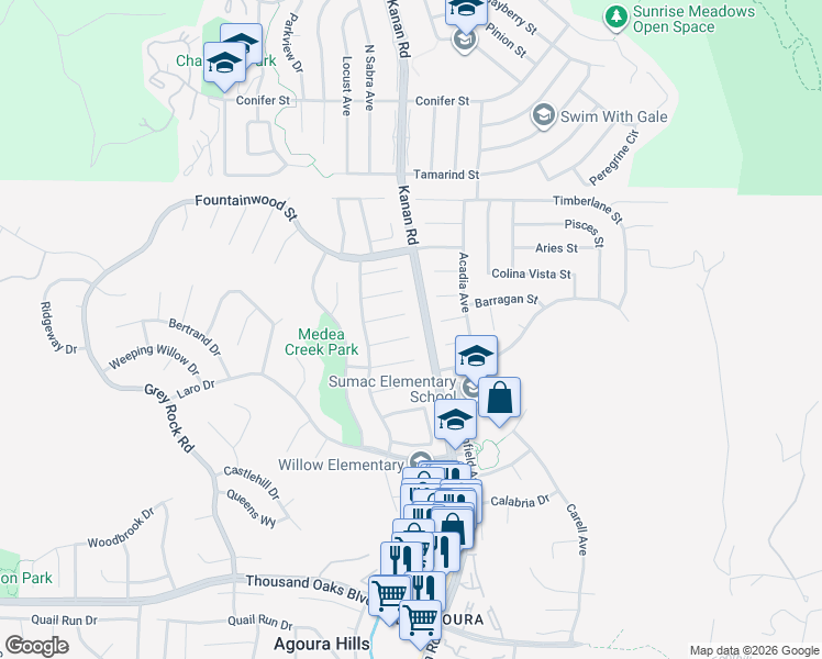 map of restaurants, bars, coffee shops, grocery stores, and more near 29003 Hollow Oak Court in Agoura Hills