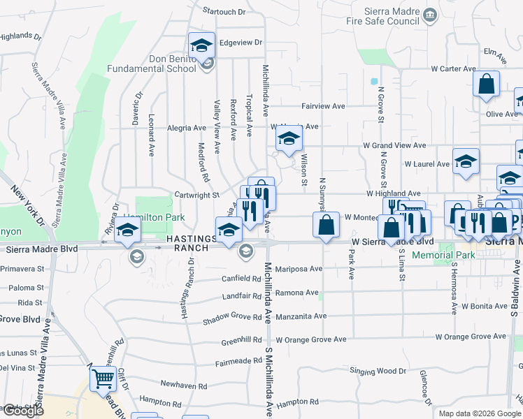 map of restaurants, bars, coffee shops, grocery stores, and more near 985 North Michillinda Avenue in Pasadena