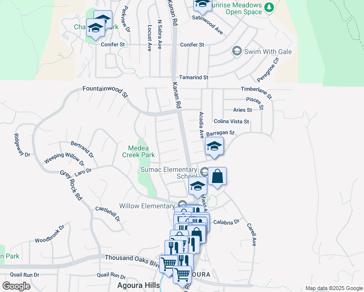 map of restaurants, bars, coffee shops, grocery stores, and more near 29000 Old Carriage Court in Agoura Hills