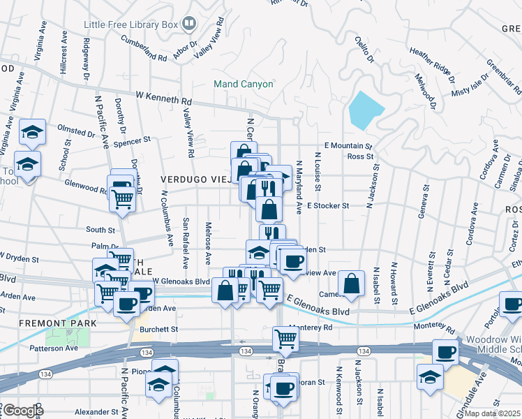 map of restaurants, bars, coffee shops, grocery stores, and more near 120 West Stocker Street in Glendale
