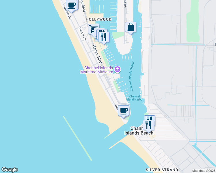 map of restaurants, bars, coffee shops, grocery stores, and more near 3417 Sunset Lane in Oxnard