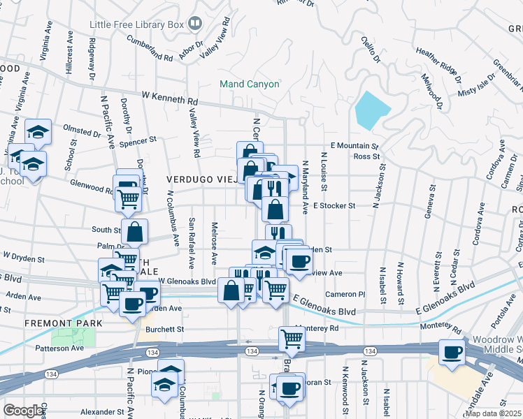 map of restaurants, bars, coffee shops, grocery stores, and more near 1201 North Central Avenue in Glendale