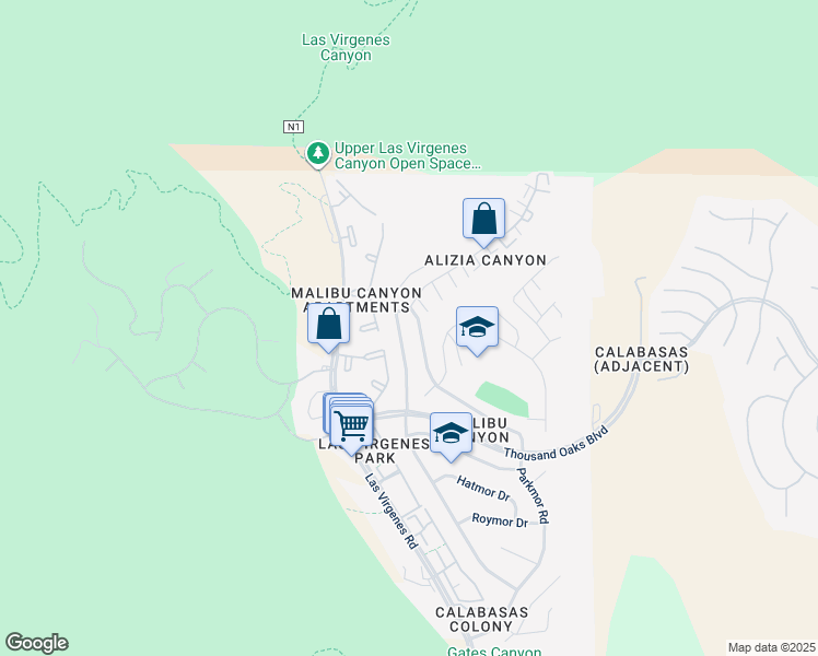 map of restaurants, bars, coffee shops, grocery stores, and more near 5839 Parkmor Road in Calabasas
