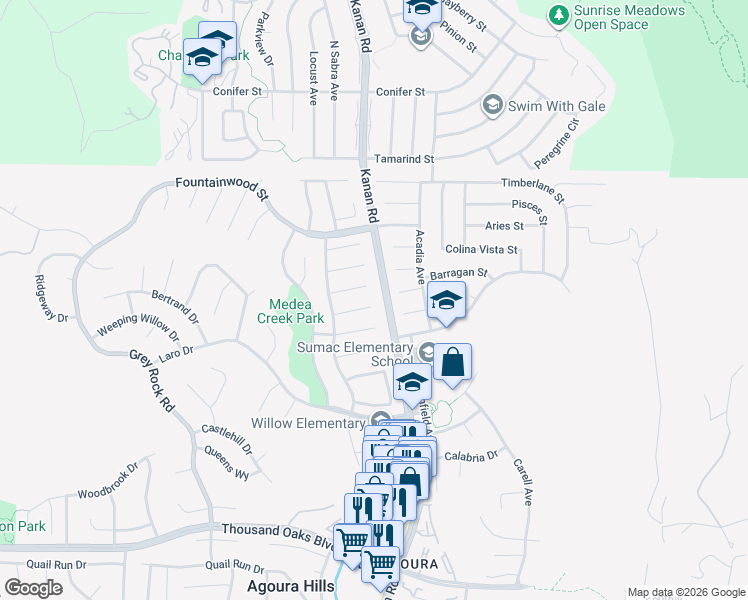 map of restaurants, bars, coffee shops, grocery stores, and more near 29003 Hollow Oak Court in Agoura Hills