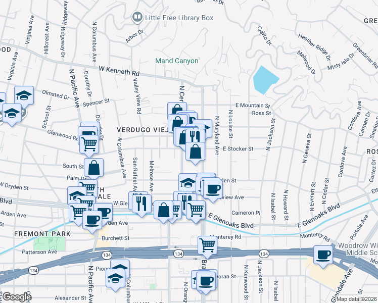 map of restaurants, bars, coffee shops, grocery stores, and more near 1201 North Central Avenue in Glendale