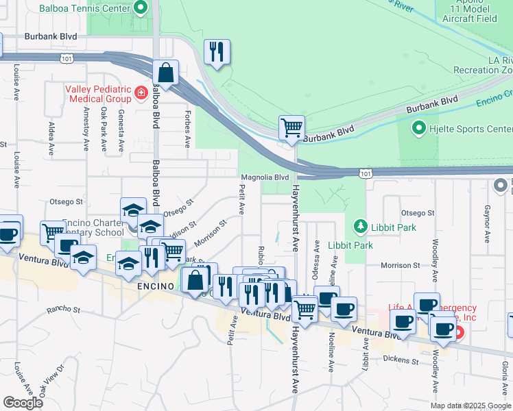 map of restaurants, bars, coffee shops, grocery stores, and more near 5111 Rubio Avenue in Los Angeles