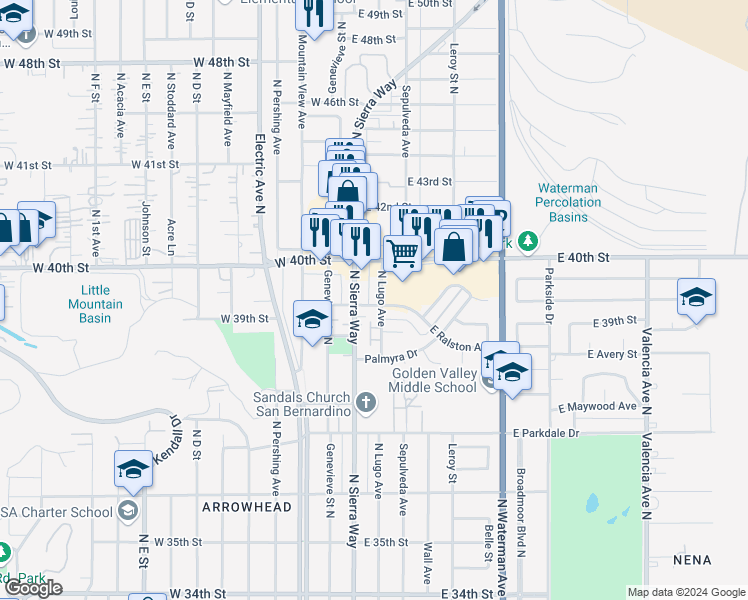 map of restaurants, bars, coffee shops, grocery stores, and more near 161 East 40th Street in San Bernardino
