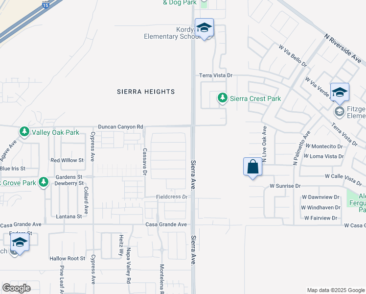map of restaurants, bars, coffee shops, grocery stores, and more near 4992 Bay Laurel Drive in Fontana