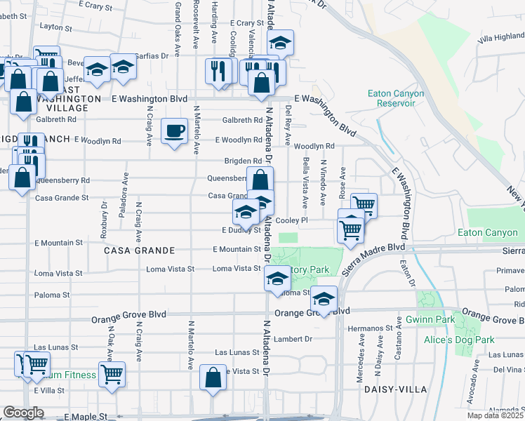 map of restaurants, bars, coffee shops, grocery stores, and more near 2498 Casa Grande Street in Pasadena