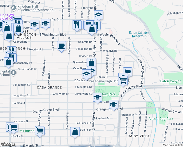 map of restaurants, bars, coffee shops, grocery stores, and more near 2498 Casa Grande Street in Pasadena
