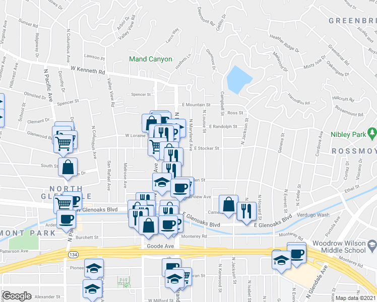 map of restaurants, bars, coffee shops, grocery stores, and more near 1205 North Maryland Avenue in Glendale