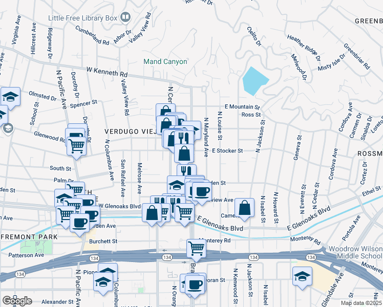 map of restaurants, bars, coffee shops, grocery stores, and more near 120 West Stocker Street in Glendale