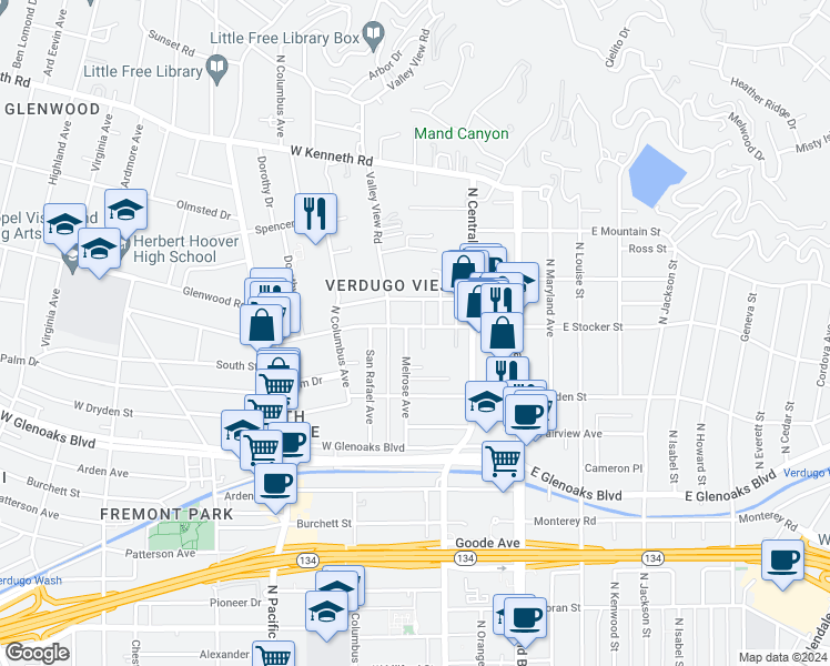 map of restaurants, bars, coffee shops, grocery stores, and more near 1201 Viola Avenue in Glendale