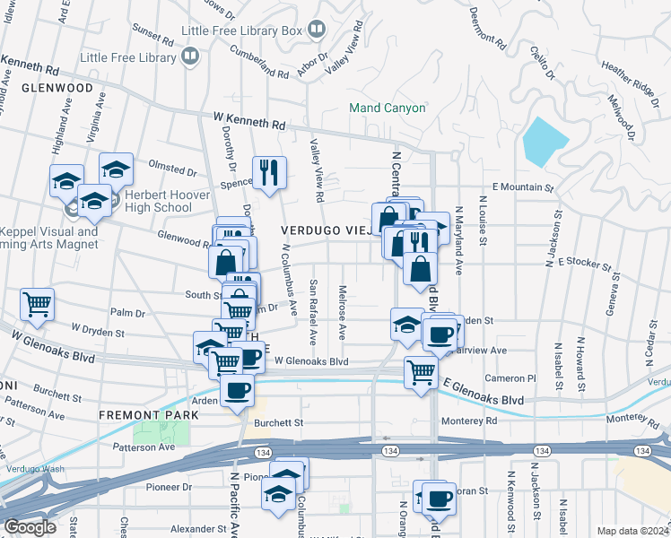 map of restaurants, bars, coffee shops, grocery stores, and more near 1204 Valley View Road in Glendale