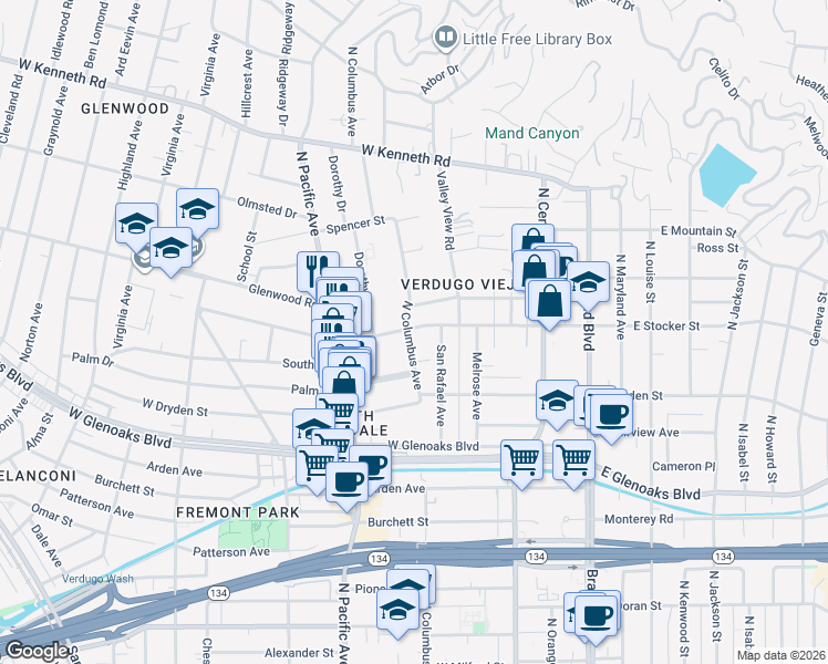 map of restaurants, bars, coffee shops, grocery stores, and more near 345 West Stocker Street in Glendale
