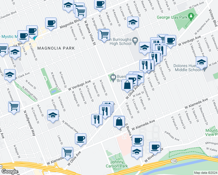 map of restaurants, bars, coffee shops, grocery stores, and more near 300 North Buena Vista Street in Burbank