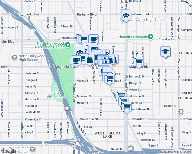map of restaurants, bars, coffee shops, grocery stores, and more near 5130 Klump Avenue in Los Angeles