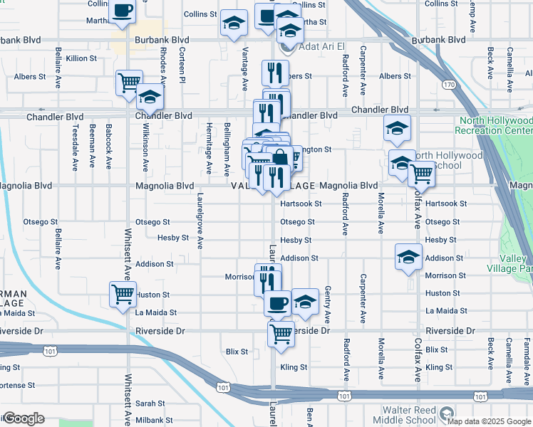 map of restaurants, bars, coffee shops, grocery stores, and more near 5126 Laurel Canyon Boulevard in Los Angeles