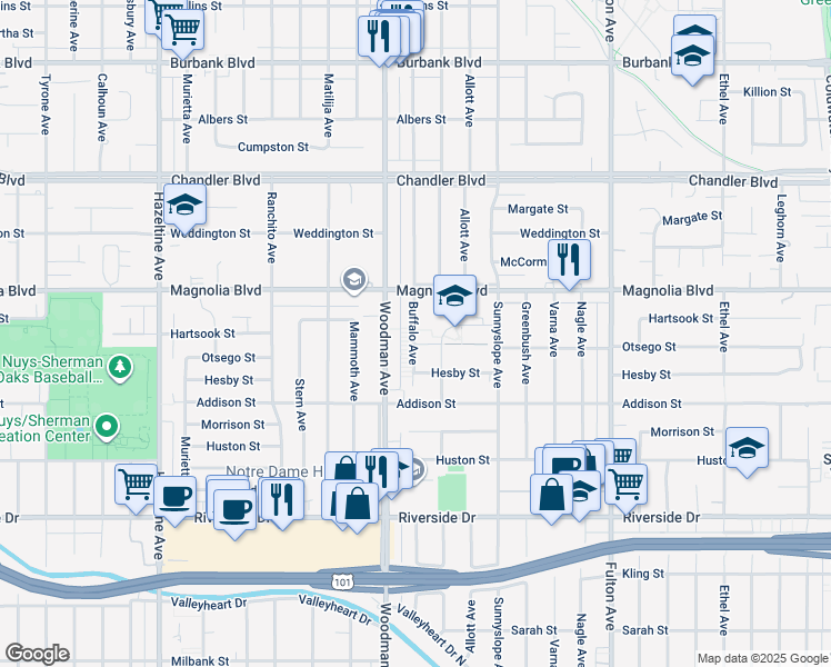 map of restaurants, bars, coffee shops, grocery stores, and more near 5100-5198 Buffalo Avenue in Los Angeles