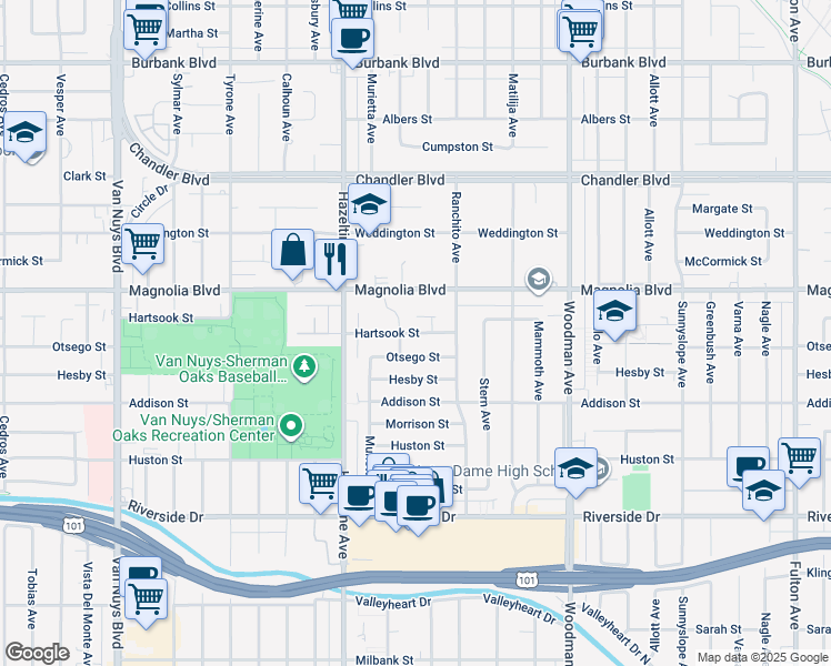 map of restaurants, bars, coffee shops, grocery stores, and more near 5131 Colbath Avenue in Los Angeles