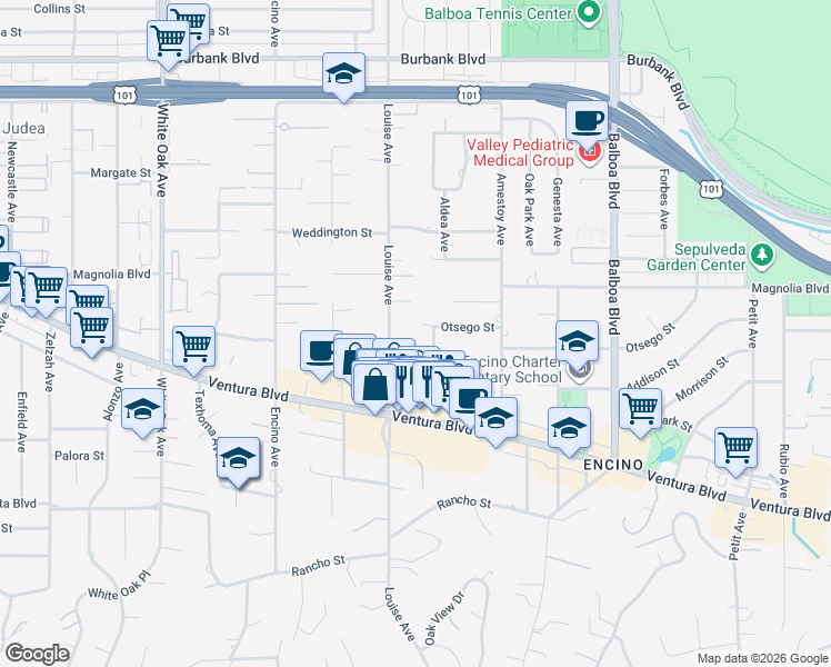 map of restaurants, bars, coffee shops, grocery stores, and more near 17235 Otsego Street in Los Angeles