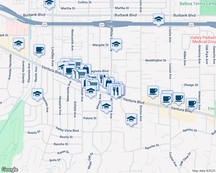 map of restaurants, bars, coffee shops, grocery stores, and more near 5130 Yarmouth Avenue in Los Angeles