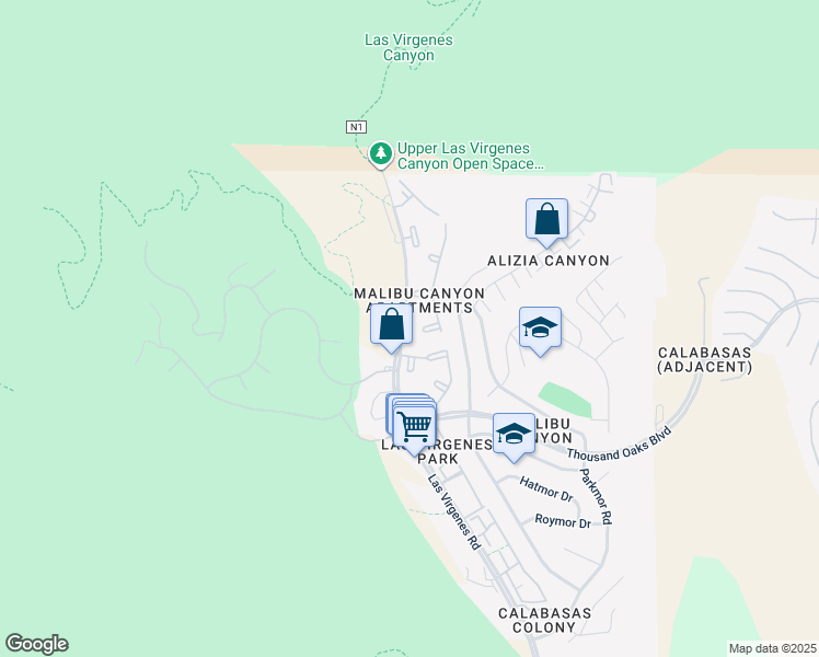 map of restaurants, bars, coffee shops, grocery stores, and more near 5810 Las Virgenes Road in Calabasas