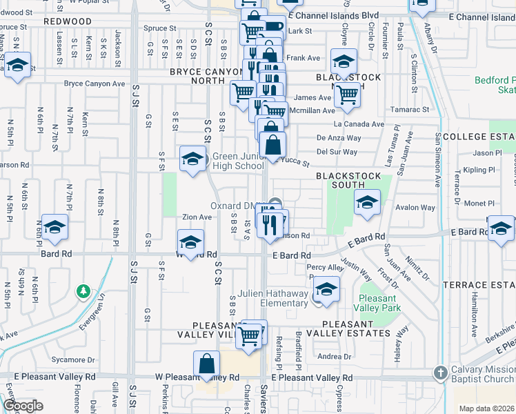 map of restaurants, bars, coffee shops, grocery stores, and more near 3901 Saviers Road in Oxnard