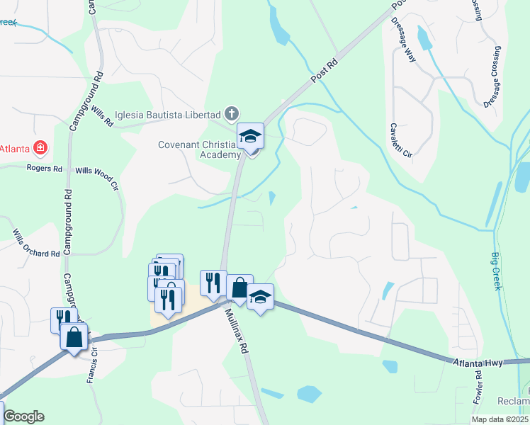 map of restaurants, bars, coffee shops, grocery stores, and more near 7225 Heritage Oak Court in Cumming