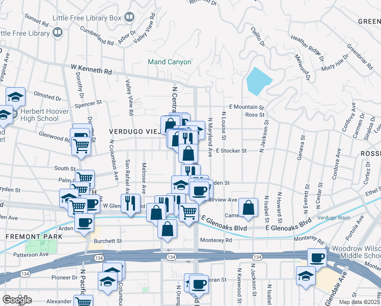 map of restaurants, bars, coffee shops, grocery stores, and more near 1155 North Brand Boulevard in Glendale