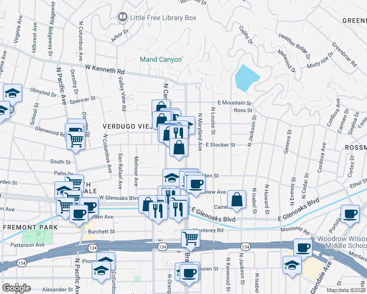 map of restaurants, bars, coffee shops, grocery stores, and more near 1155 North Brand Boulevard in Glendale