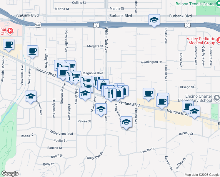 map of restaurants, bars, coffee shops, grocery stores, and more near 5132 White Oak Avenue in Los Angeles
