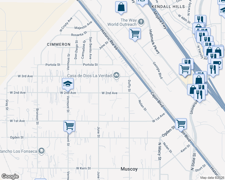 map of restaurants, bars, coffee shops, grocery stores, and more near 2254 West 2nd Avenue in San Bernardino