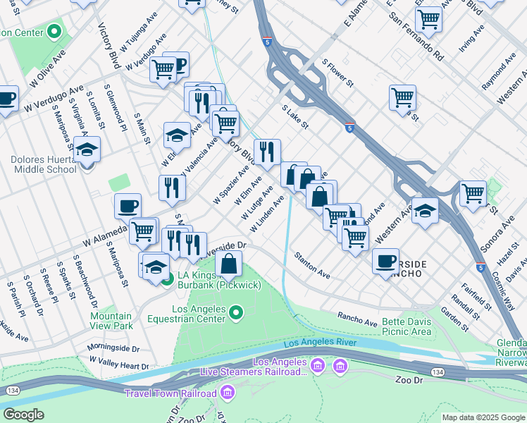 map of restaurants, bars, coffee shops, grocery stores, and more near 330 West Lutge Avenue in Burbank