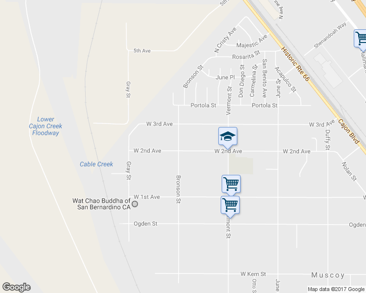 map of restaurants, bars, coffee shops, grocery stores, and more near 2482 West 2nd Avenue in Muscoy