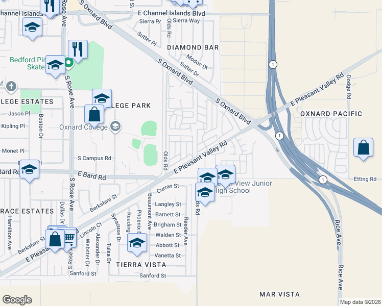map of restaurants, bars, coffee shops, grocery stores, and more near 2177 Robin Avenue in Oxnard