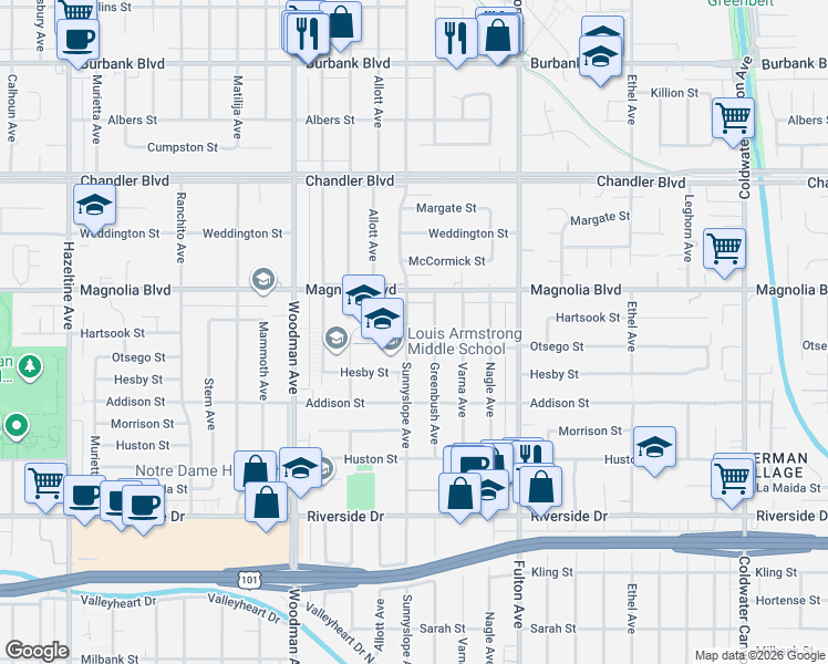 map of restaurants, bars, coffee shops, grocery stores, and more near 5116 Sunnyslope Avenue in Los Angeles