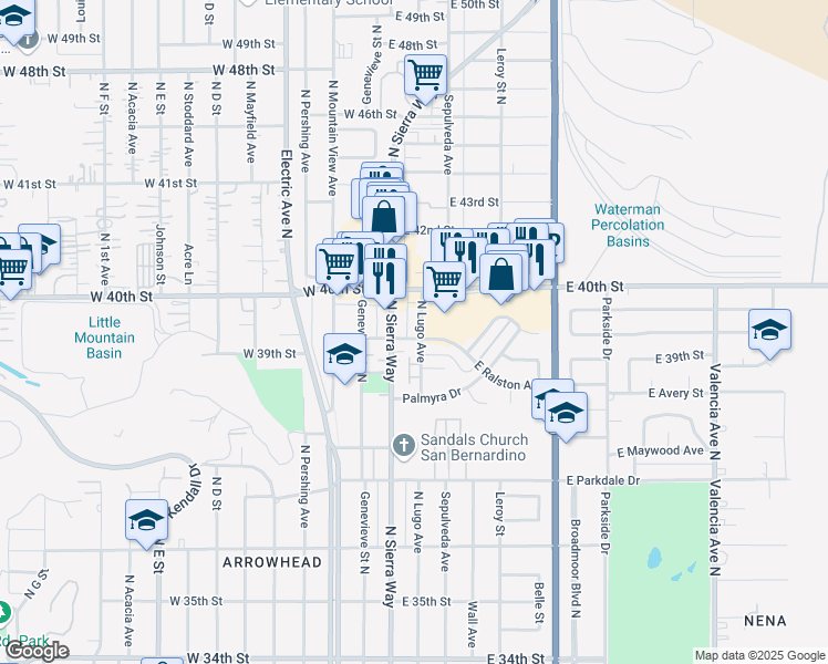 map of restaurants, bars, coffee shops, grocery stores, and more near 3969 North Lugo Avenue in San Bernardino