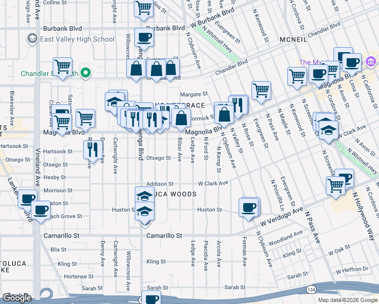 map of restaurants, bars, coffee shops, grocery stores, and more near 5111 Ledge Avenue in Los Angeles