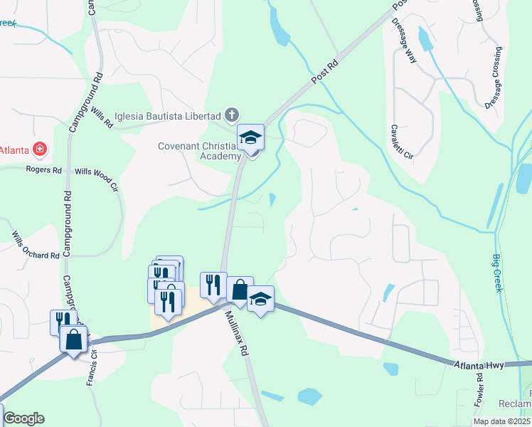 map of restaurants, bars, coffee shops, grocery stores, and more near 7225 Heritage Oak Court in Cumming