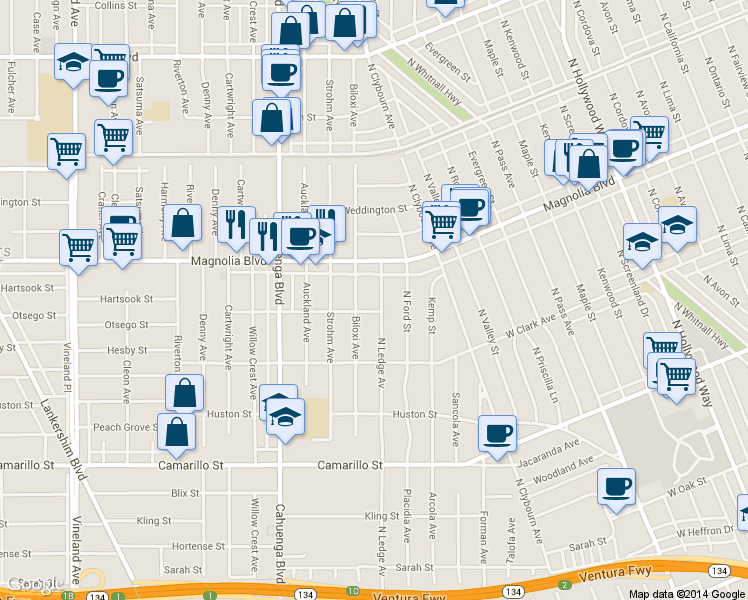 map of restaurants, bars, coffee shops, grocery stores, and more near 5111 Ledge Avenue in Los Angeles