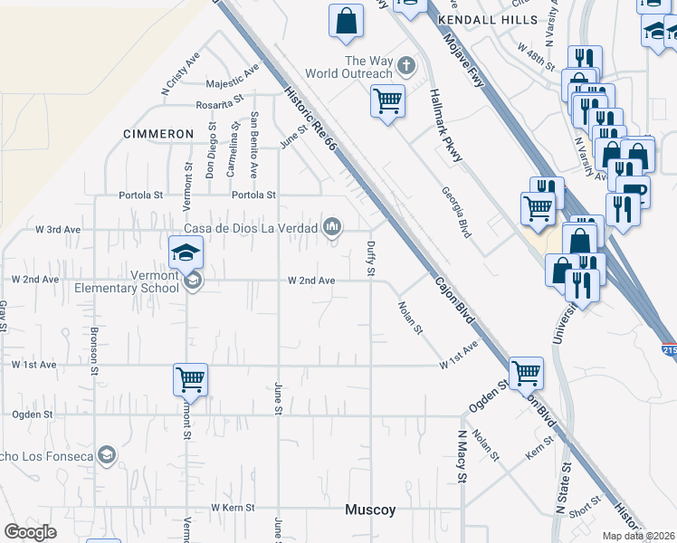 map of restaurants, bars, coffee shops, grocery stores, and more near 2258 West 2nd Avenue in San Bernardino