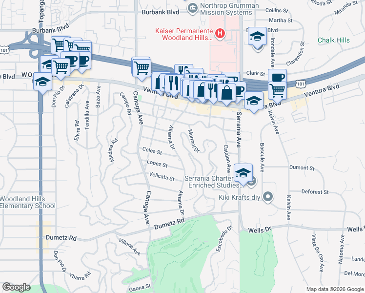 map of restaurants, bars, coffee shops, grocery stores, and more near 5119 Escobedo Drive in Los Angeles
