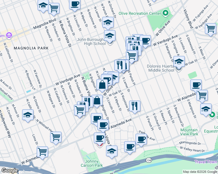map of restaurants, bars, coffee shops, grocery stores, and more near 119 North Myers Street in Burbank