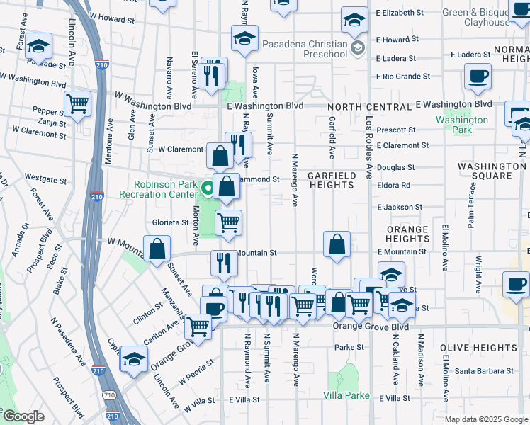 map of restaurants, bars, coffee shops, grocery stores, and more near 1027 North Summit Avenue in Pasadena