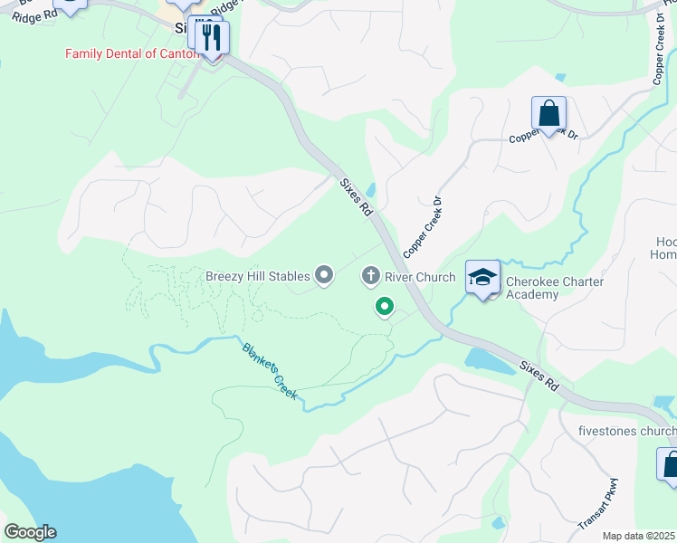 map of restaurants, bars, coffee shops, grocery stores, and more near Sixes Creek Trail in Cherokee County