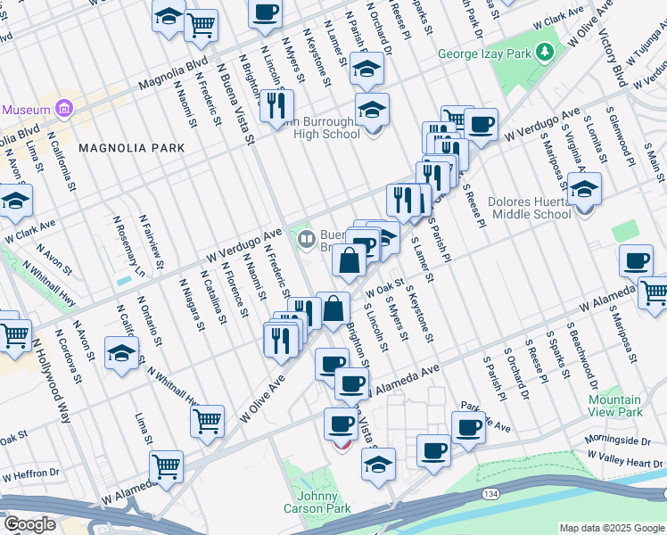 map of restaurants, bars, coffee shops, grocery stores, and more near 142 North Brighton Street in Burbank