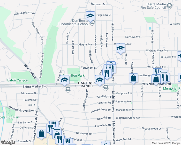 map of restaurants, bars, coffee shops, grocery stores, and more near 1000 Hastings Ranch Drive in Pasadena