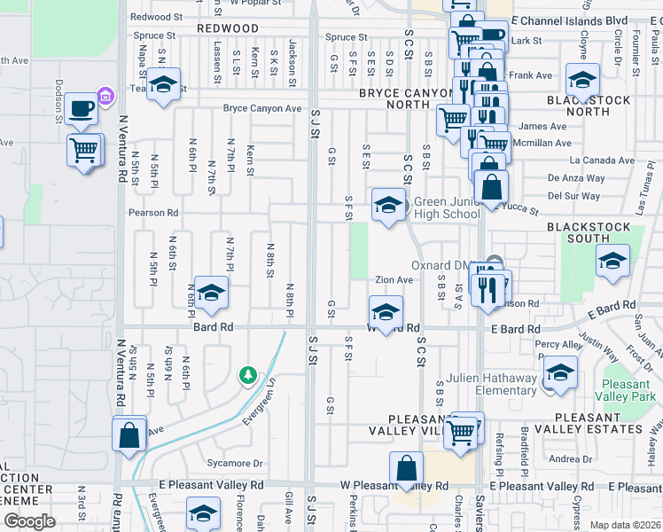 map of restaurants, bars, coffee shops, grocery stores, and more near G Street in Oxnard