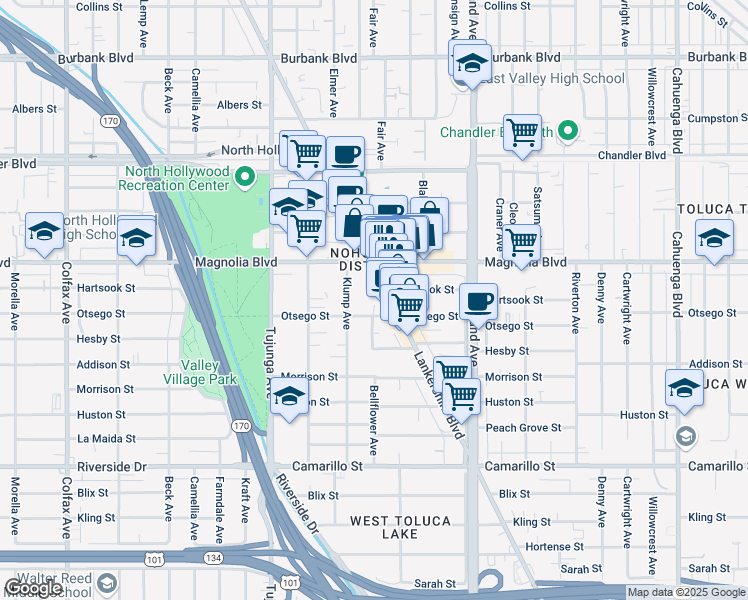 map of restaurants, bars, coffee shops, grocery stores, and more near 5142 Lankershim Boulevard in Los Angeles